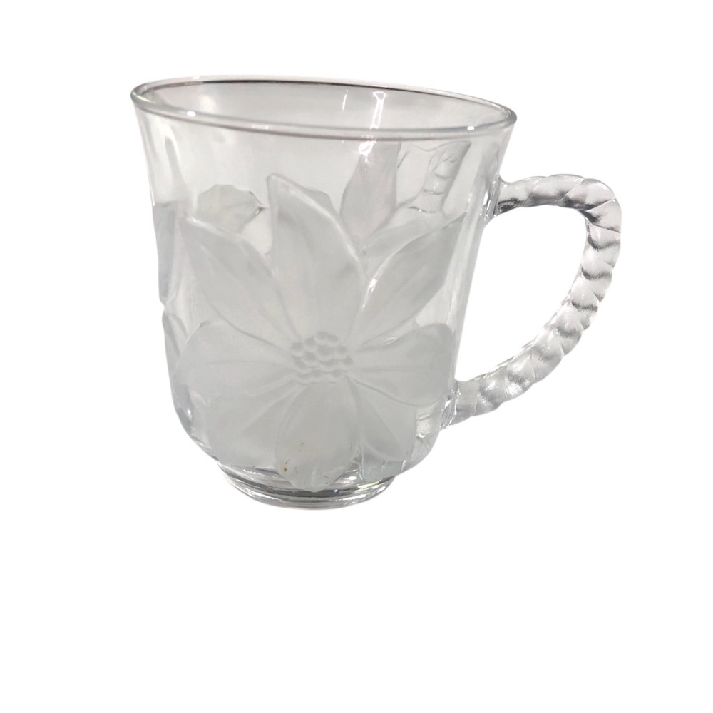 Vintage Frosted Poinsettia Flower Glass Coffee Mug Tea Cup